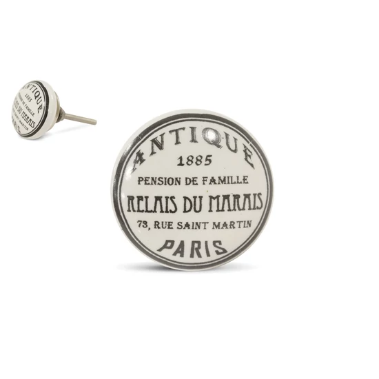 FEHÉR KERÁMIA BÚTORGOMB ANTIQUE PARIS FELIRATTAL 