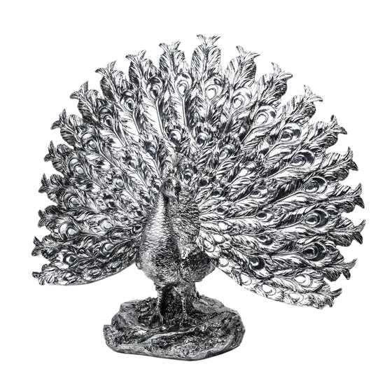 PÁVA FIGURA ÉS SZOBOR NAGY MÉRETŰ EZÜST SZÍNBEN 36,5 CM